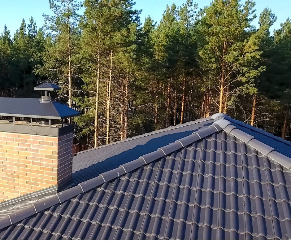 Widok z góry na dach i komin domu. W tle drzewa